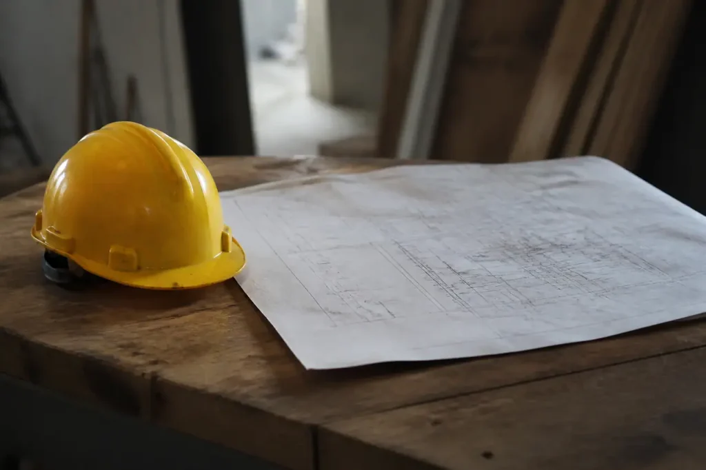 Casque jaune et plan papier sur une table
