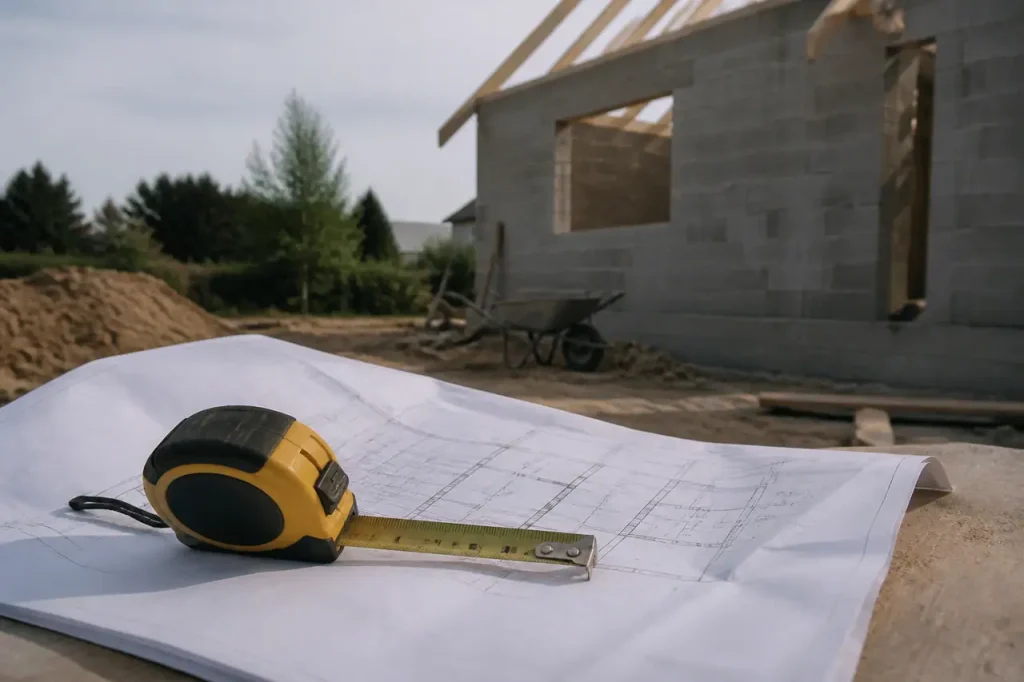 Maison en construction avec plans et metre ruban